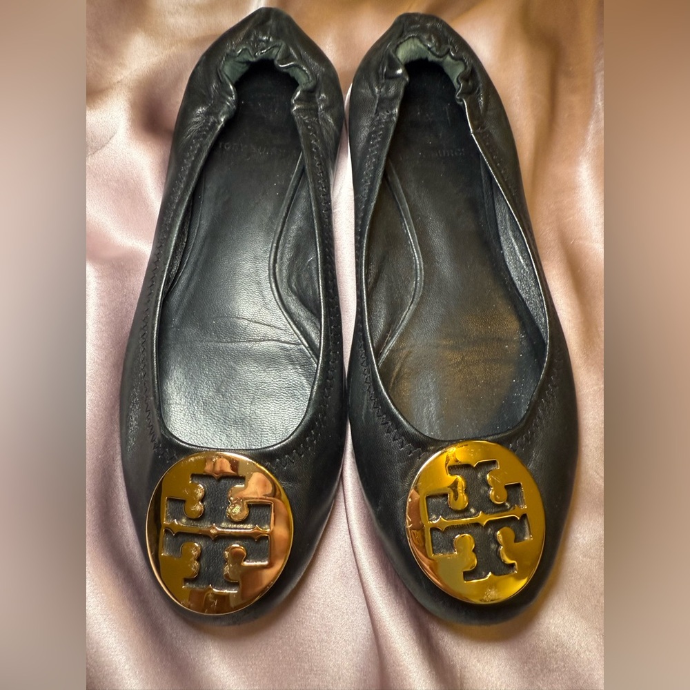 Tory Burch Black Leather Ballet Flats with Gold Logo Medallions - Picture 2 of 7
